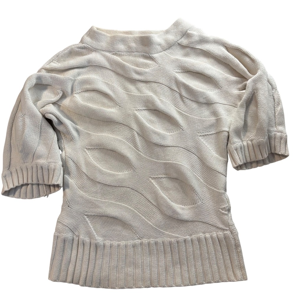 Anne Klein Cream Textured Wave Knit Short Sleeve Cotton Sweater S Layering